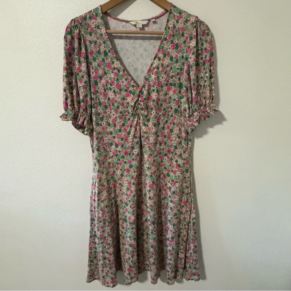 Boden Floral Puff Sleeve Stretch Jersey Midi Dress Pink Green Retro Pockets-8R